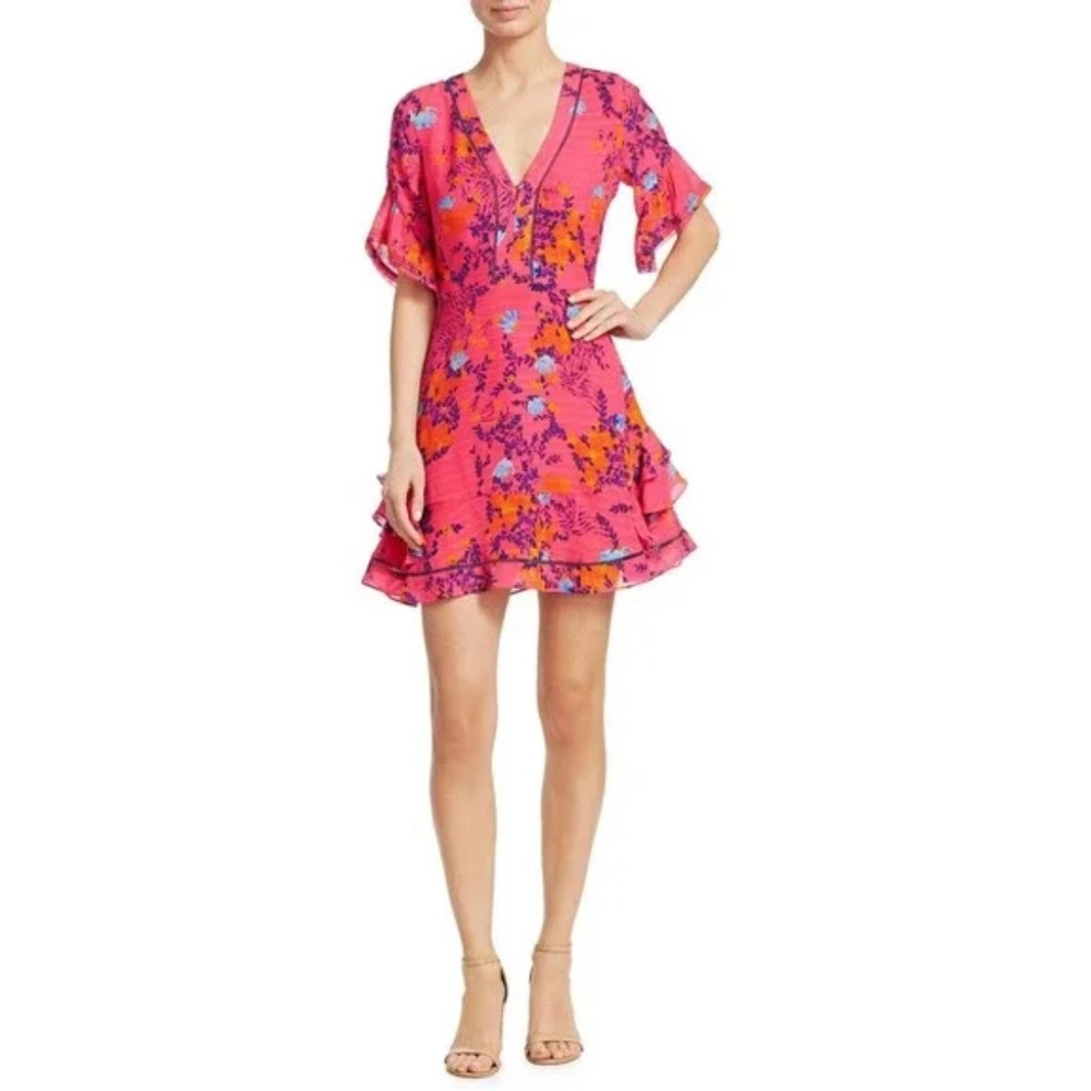 TANYA TAYLOR Kayla Dress Falling Floral Flower Ruffle Silk Event Hot Pink Size 0 - Picture 5 of 16